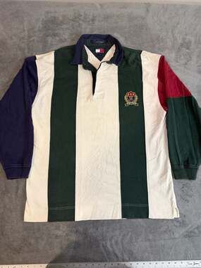 Vintage 90s Tommy Hilfiger Vertical Stripe Crest Rugby Shirt L